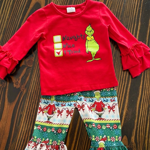 Grinch Christmas Top and Festive Bell Bottom Pants Set, girls size S (2T) - Picture 3 of 7